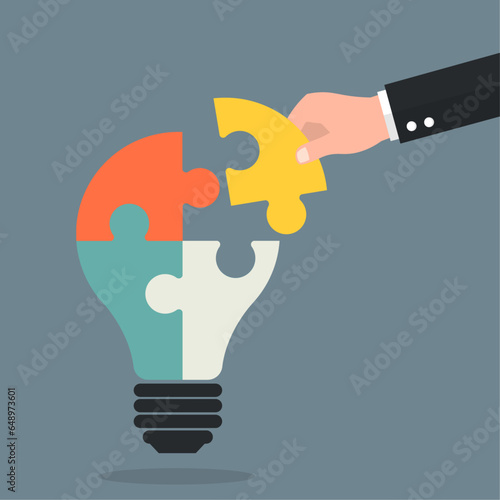 hands putting light bulb puzzle. business and problem solution concept. vector illustration in flat design. creative idea complete jigsaw.