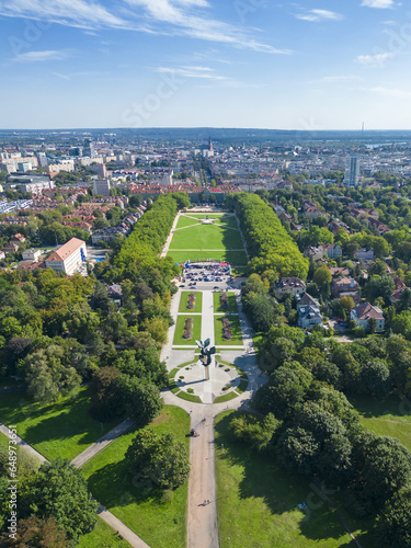 aerial view of the city szczecin town hall, symmetric park and recreational green area, vertical