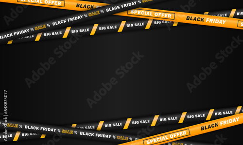 Template of empty black banner with yellow crossed barricade tapes with text - Black Friday, big sale, special offer. Online shopping wallpaper with discount stripes and black space for text