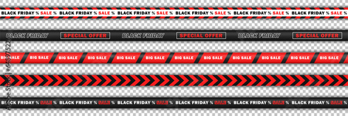 Set of seamless bright red realistic ribbons with text - big sale, Black Friday. Collection of endless barricade tapes, discount stripes for online shopping isolated on transparent background