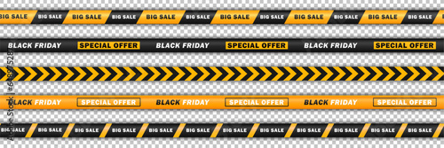 Set of seamless bright yellow realistic ribbons with text - big sale, Black Friday. Collection of endless barricade tapes, discount stripes for online shopping isolated on transparent background