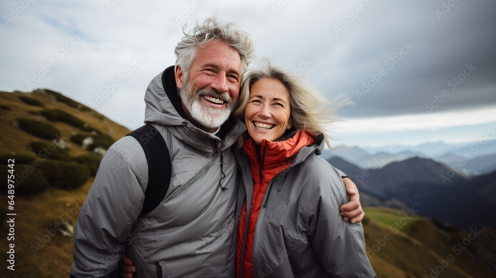 Mountain embrace: a senior couple, enveloped by majestic peaks, cherishing their journey. Generative ai.