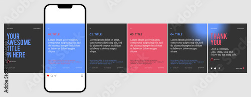 Microblog or carousel post template design for social media. Six page in portrait frame, seamless, minimalist style with black, baby blue and hot pink color theme.