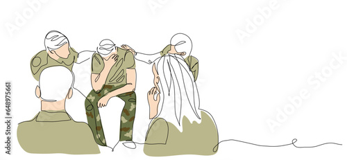 ptsd group session vector illustration. Veterans, soldiers with post traumatic stress disorder during rehabilitation group therapy. One continuous line art drawing