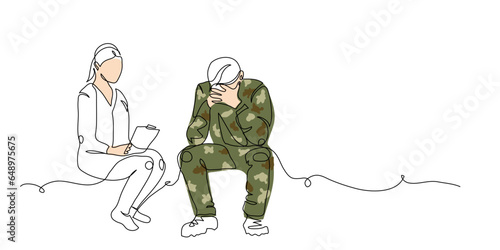 Veteran, soldier and psychotherapist during ptsd therapy session. One continuous line art drawing of mental rehabilitation of soldier