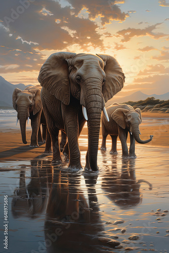 A group of elephants walks along the beach at sunset. Generative AI  © Oleksandr