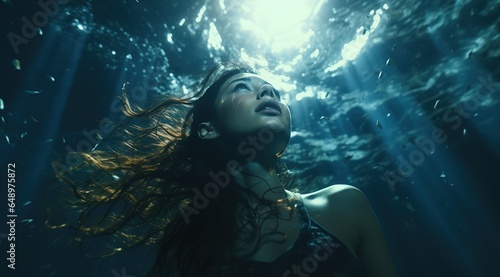 Girl doing scuba diving underwater with bubbles and reflection on the ocean surface above her head