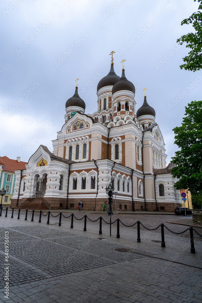 Alexander Nevsky Cathedral in the city of Tallinn. Rainy day with gray sky.