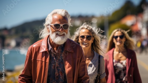 a fine-looking elderly couple walking along the coast © stasknop