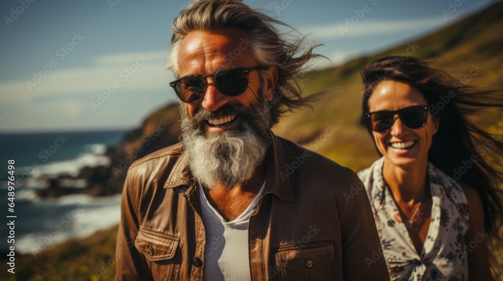 a fine-looking elderly couple walking along the coast a fine-looking elderly couple walking along the coast