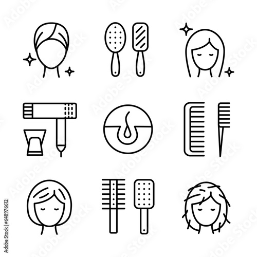 Set of brush and hairbrush stock symbol. Care and maintain healthy hair, icon set. Condition improvement, combing, and use of shampoo, conditioner icons