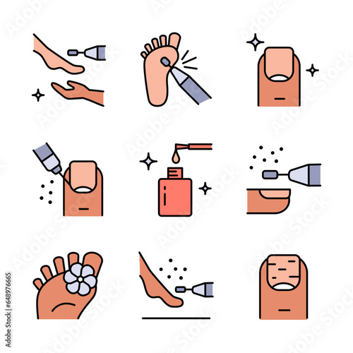 Hardware pedicure outline icons set. Foot care icon, hand with leg, pedicure, chiropody, massage - linear web symbols set on white background
