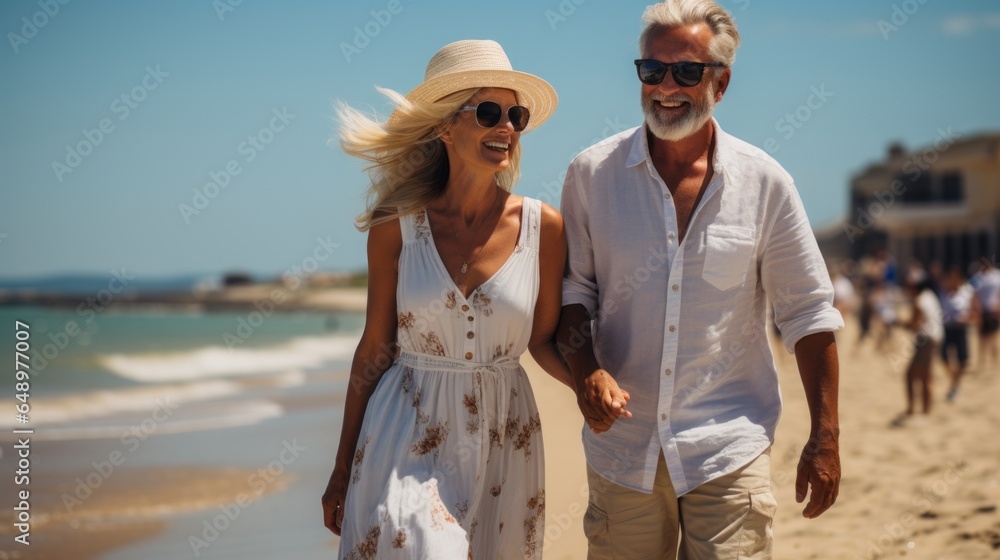 a stylish elderly couple walking along the coastline