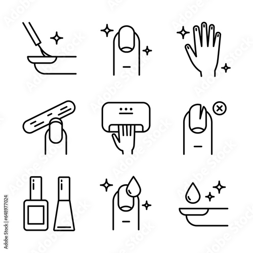 Manicure outline icon set. Tools for cosmetic beauty treatment for the fingernails and hands, linear icons. Nail care.