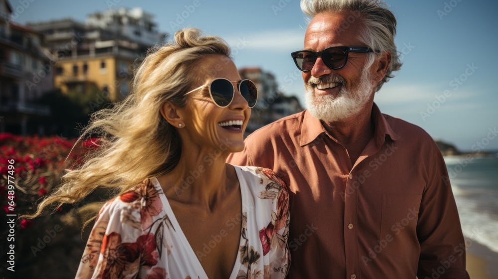 happy elderly couple enjoying a trip to the sea happy elderly couple enjoying a trip to the sea