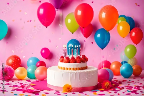 Birthday balloons and happy birthday cake with colorful candles