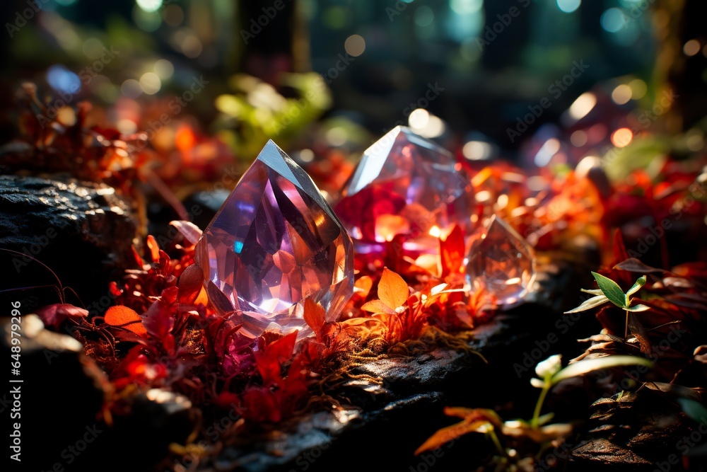 Mystical gemstones light up the fairy realm with vibrant hues in this enchanted forest scene. Mystical gemstones light up the fairy realm with vibrant hues in this enchanted forest scene.