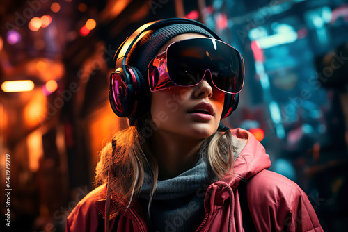 Future chic: Woman rocks VR glasses against neon skyline.