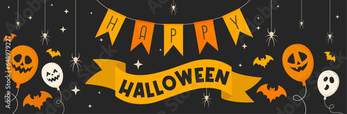 Happy Halloween - Banner to celebrate Halloween - Halloween Background - Bats, spiders and pumpkins - Event - October Party - Black and Orange - Creepy banner - Scary Halloween night
