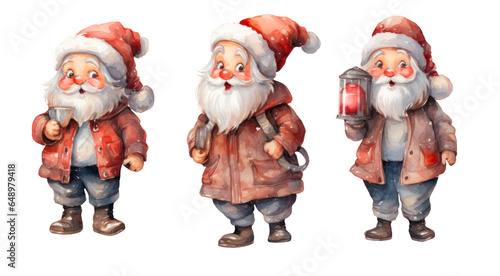 Set of watercolor illustration of Santa Claus on transparent background. Png Christmas Santa Claus