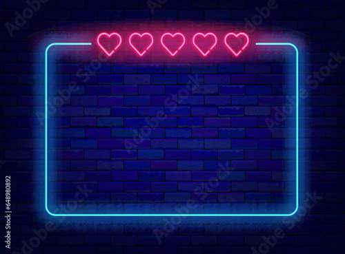 Romantic holiday night neon banner. Five hearts. Dating and wedding concept. Happy valentines day. Vector illustration