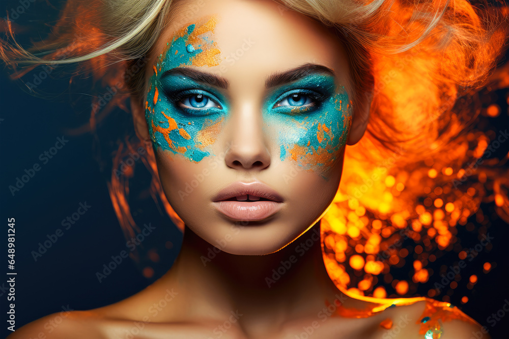 Artistic portrait of a Beautiful Woman Model With Blue Eyes And Amazing Bold Makeup. Metallic Gold And Blue Colors Painted Face And Fire Hair. Ai Generated
