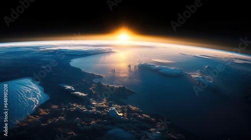 Die Erde aus der Sicht von einem Satelliten aus dem All. Erdball mit aufgehender Sonne.