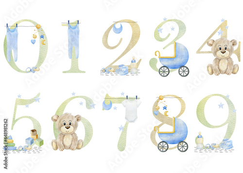 Fototapeta Naklejka Na Ścianę i Meble -  Watercolor baby numbers for invitation card, nursery poster and other.