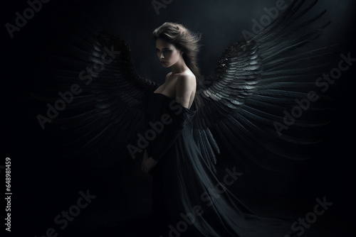 Culture and religion, fashion and make-up concept. Beautiful and sexy woman portrait with black wings. Dark angel. Model wearing black clothing. Generative AI