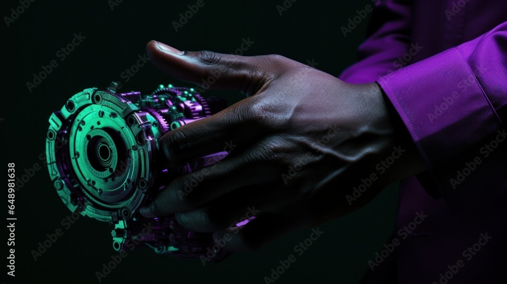 man in a hand with an icon of a green screen mechanized forms