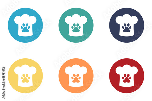 Chef's hat and cat's paw. Animal nutrition concept. Set of illustrations