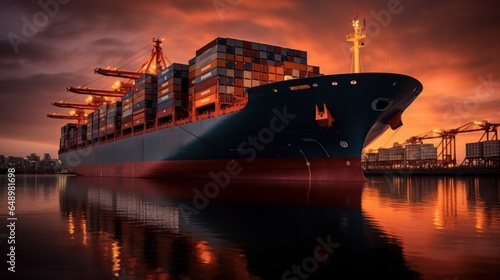 container ship on the sea in the night to import export transport