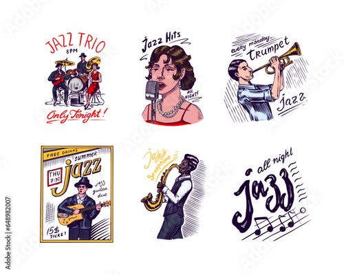 Woman jazz singer sings into a microphone Sketch. Afro American saxophonist. Male musician with a guitar in a hat on a poster. Hand drawn logo or badge. Doodle vector illustration.