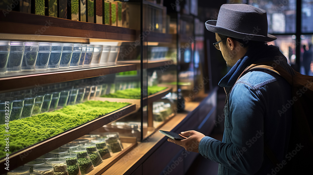 A consumer comparing green and blue matcha packages in a specialty tea store.