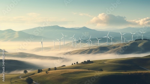 Wind turbines against a backdrop of rolling hills  sun  fog   16 9