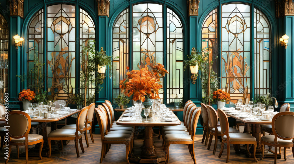 the golden age revisited: a french dining room inspired by the geometric elegance and opulence of art deco design. Ai Generated - obrazy, fototapety, plakaty 