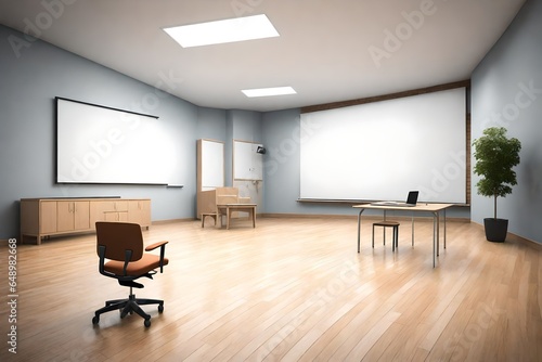  3d rendering Empty classroom with only one chair in front of white board 