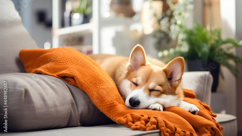 Pet, cute Shiba Inu puppy lies on soft blanket on sofa. Love and care for animals, regime rest for domestic dogs