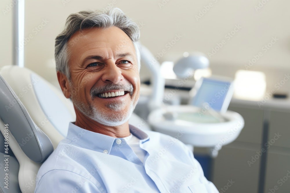 A man sitting in a dental chair with a smile on his face created with Generative AI technology A man sitting in a dental chair with a smile on his face created with Generative AI technology
