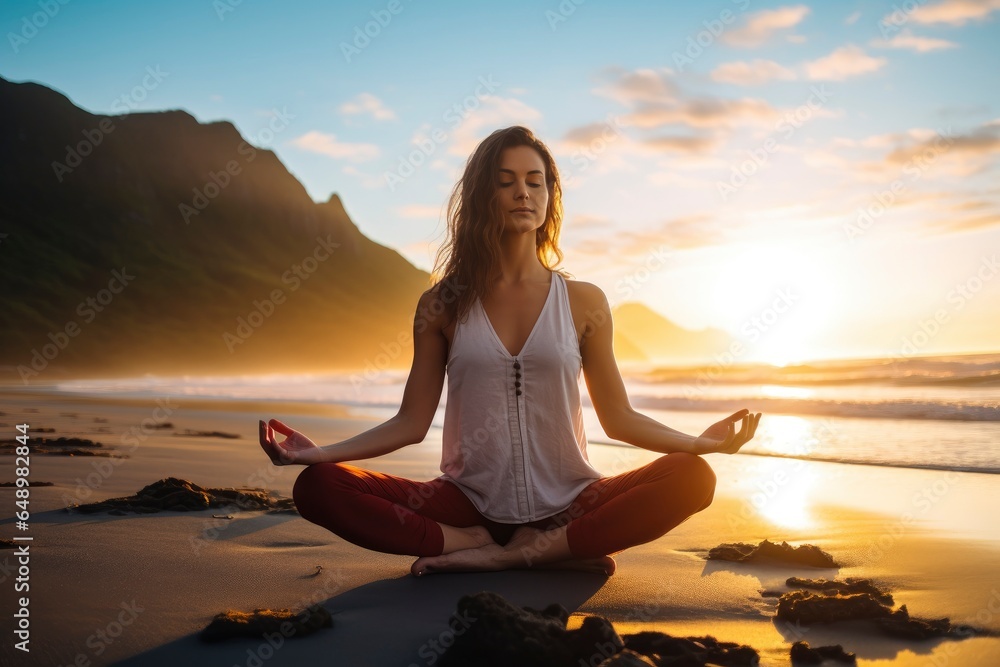 A woman meditating on the beach in a lotus position created with Generative AI technology A woman meditating on the beach in a lotus position created with Generative AI technology