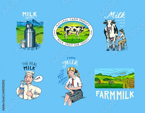 Milk set. Cow and woman farmer, milkmaid and jug, blot and bottles, packaging and meadow, man holds a glass. Vintage logo for shop. Badge for t-shirts. Hand Drawn engrave sketch. Vector illustration.