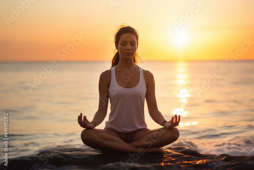 A woman meditating on the sandy beach in a lotus position created with Generative AI technology © Karlaage