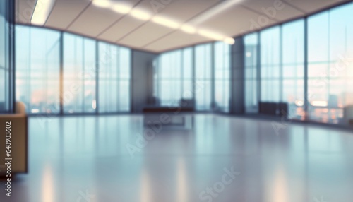 interior of office, Beautiful blurred background of a light modern office hall, panoramic windows and beautiful lighting