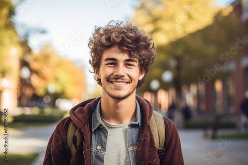 Smiling portrait of a young happy caucasian male student infront of a university