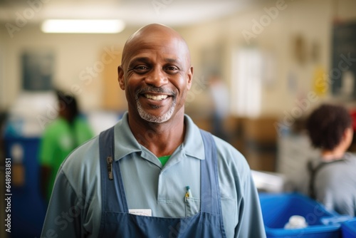 Portrait of a smiling african american school janitor in a high school or elementary school