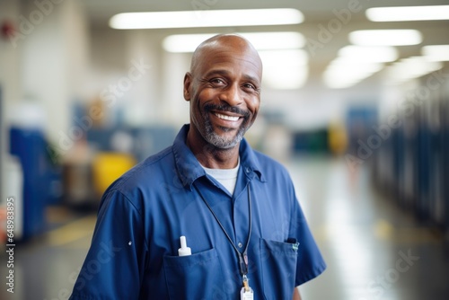 Portrait of a smiling african american school janitor in a high school or elementary school photo