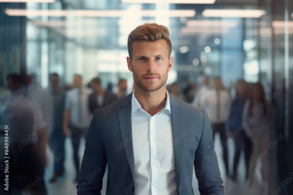 Caucasian Man Well Dressed In Workplace Background Generative AI Caucasian Man Well Dressed In Workplace Background Generative AI