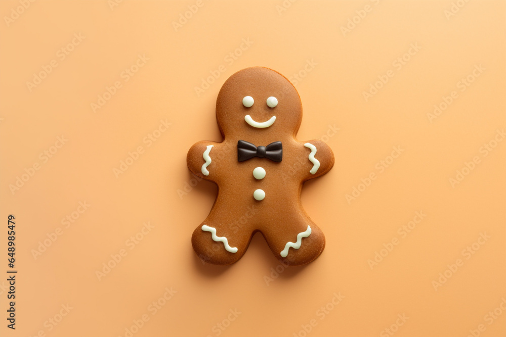 Christmas gingerbread man with black bowtie on yellow background Christmas gingerbread man with black bowtie on yellow background