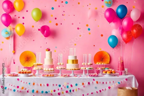 Birthday balloons and happy birthday cake with colorful candles