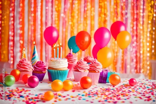 Birthday balloons and happy birthday cake with colorful candles